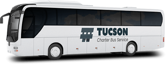 a plain white charter bus with a tucson charter bus service logo on it